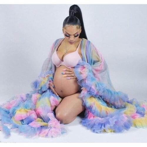 Rainbow Tulle Maternity Robes Women Sheer Long Maxi Photoshoot Fluffy Tiered Tulle Robe Formal Event Overlay Dress