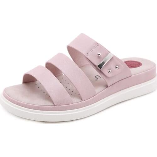 Soft Leather Sport style Slippers Women Summer new Flat Heels Beach Casual Slides Shoes Woman Outdoor Sandals Wedge large size