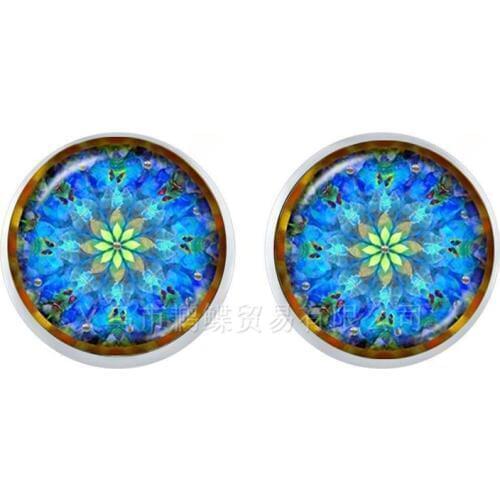 Mandala Flower Stud Earrings OM Yoga Zen Buddhism Earrings 12mm Glass Cabochon Dome Religious Buddhism Jewelry For Women