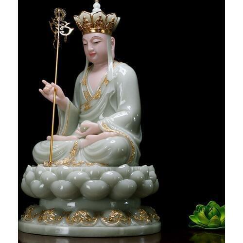 30cm large- high-grade home Asia efficacious Mascot ksitigarbha Dizang pusa Buddha Natural jade gilding carving Sculpture statue