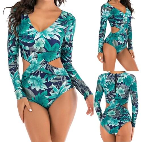 Green Leaves Printed One Piece Swimsuit Long Sleeve Swimwear Women bikini 2021 Sexy Cut Out Beach Wear Surfing Bathing Suit