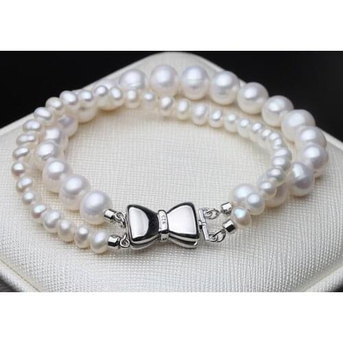 Wedding Round Natural Freshwater Double Pearl Bracelet Women,White Fashion Cute 925 Silver Bracelet Anniversary Gift