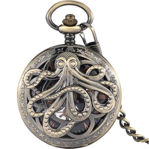 High Quality Alloy Case Men Pendant Pocket Watch Mechanical Thick Chain Clock Octopus Hollow Out Necklace Souvenir For Friends