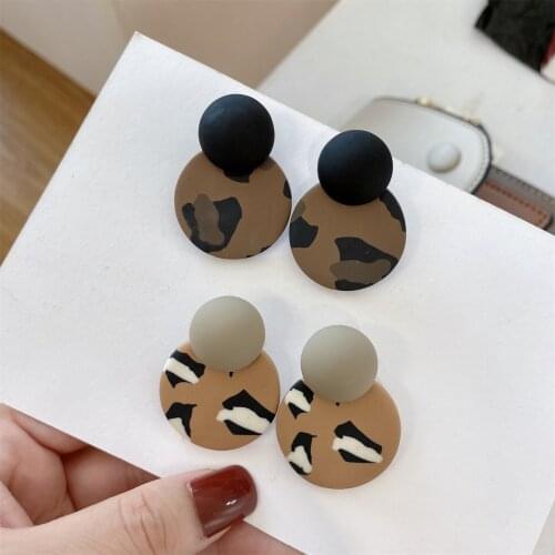 Lifefontier Vintage Geometric Round Polymer Clay Drop Earrings for Women Leopard Pattern Dangle Earrings Unusual Jewelry 2021