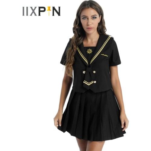 Ladies Casual School Uniform Sets Sailor Collar Shortsleeve T-shirt Tops With Pleated Skirts Bow Tie Role Play Cloting Costumes