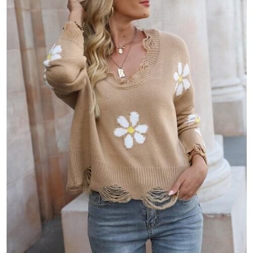 Women Winter Autumn V Neck Knitted Female Pullover Tops Sweater Loose Flower Pattern Ripped Long-Sleeved Tassel Ladies Fashion