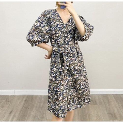 Daisy Print Women V-Neck Mini Dress 2021 Summer Autumn Vintage Puff Sleeve Single-Bressted Lace-Up Short Robe with Sashes