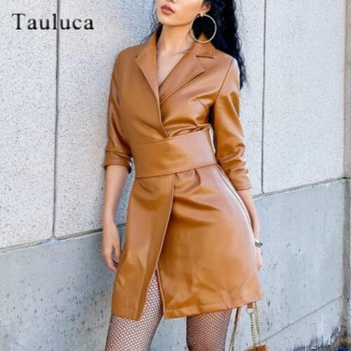 Women Long Sleeve PU Leather Trench Coat Dress Spring Autumn Jacket Belted Blazer Style Dress Outwear Female One Button Dress