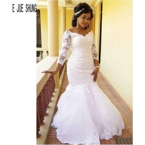 E JUE SHUNG Vintage African Mermaid Wedding Dresses Illusion Long Sleeve V Neck Lace Appliques Wedding Gowns Vestidos De Novia