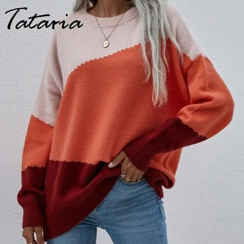 2021 Patchwork Colour Knitted Sweater Women Autumn Winter Casual O Neck Pullover Knit Top Woman Jumper Oversize Streetwear Femme