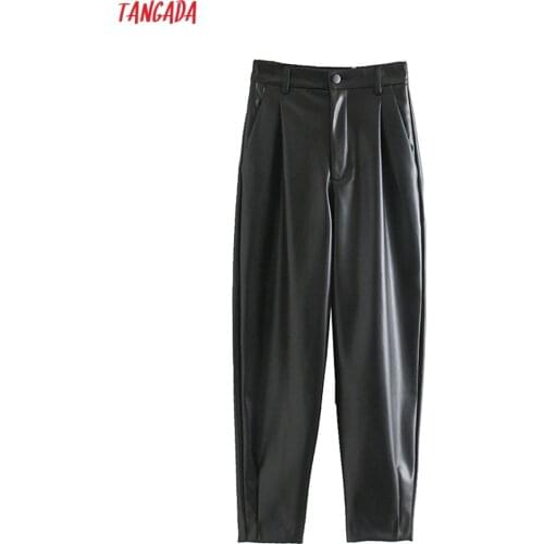 Tangada Women Green Black PU Leather Harm Pants Stretchy Waist Zipper Female Autumn Winter Pants Trousers JE202