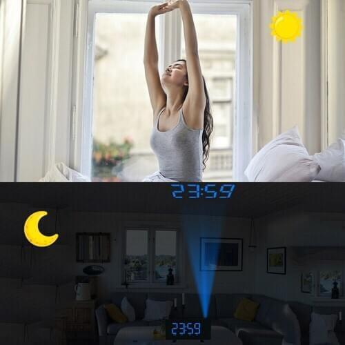 FM Radio Alarm Clock 7.1'' Blue LED Digital Display Wall 120 Degree Projection Alarm Clock USB Charger Port For Phone Tablets
