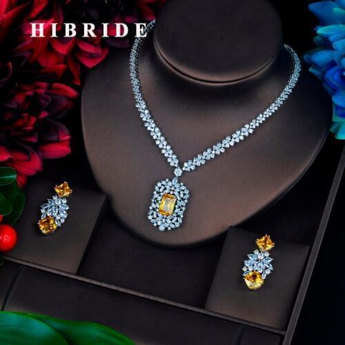 HIBRIDE Sparkling Yellow Stone Cubic Zircon Jewelry Sets Long Pendanties Drop Earring Necklace Set Dress Accessories N-639