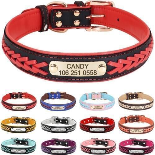Personalized Dog Collar Leather Padded Dogs Braided Collars Free Engraving Pet ID Tag Nameplate for Small Medium Large Dogs