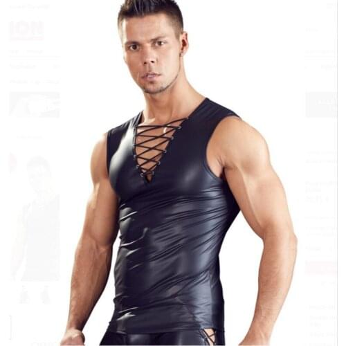 Matte Faux Leather Men Sexy Tight Vest T-shirt tights M-XXL Fitting Tops Tees Sleeveless PU Vest Bandage Neck Night Club Shirts