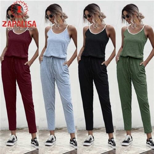 Fashion Women Summer Solid Color Jumpsuits Drawstring Design Pockets Decor Sling Sleeveless Backless V-Neck Mid Waist Jumpsuits