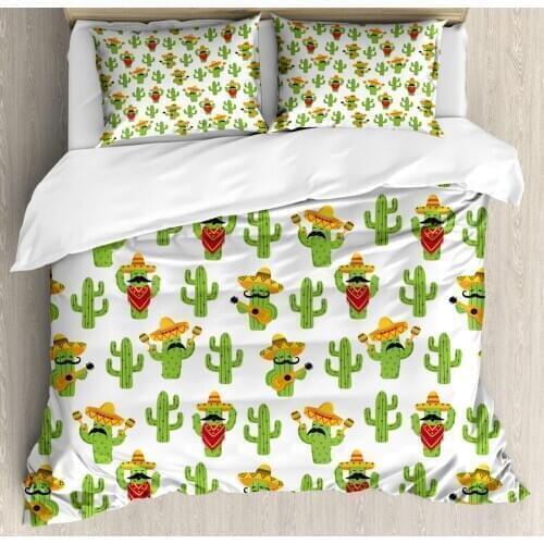Cinco de Mayo Duvet Cover Set Funny Mexican Cactus Characters 3 Piece Bedding Set Lime Green Earth Yellow Vermilion and Dark