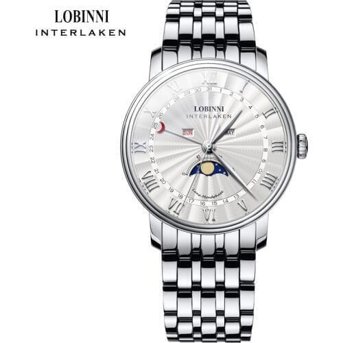 LOBINNI Top Brand Mens Watches Luxury Sapphire Silver Full Steel Quartz Watch Men Moon Phase Business Calendar relogio masculino
