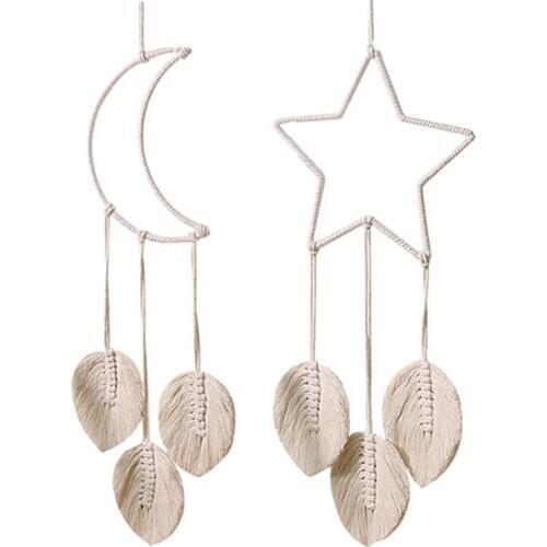 Tassel Moon Five-Pointed Star Dream Catcher with Macrame Leaf Handmade Bohemian Home Decoration,for Girls Kids Bedroom