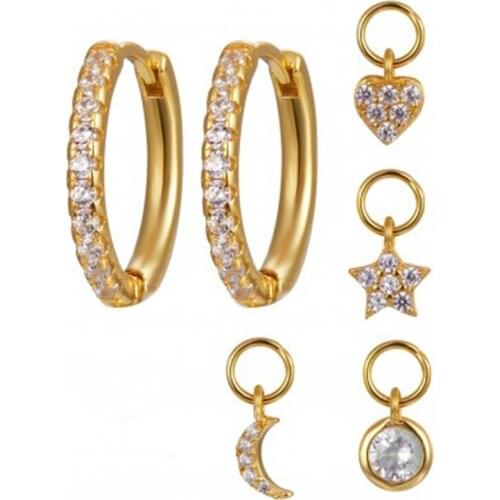 CANNER Minimalist Two Hoop Earrings+Four Small Pendants Moon/Star/Cross/Bead 925 Sterling Silver Earrings for Women Fine Jewelry