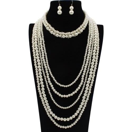 Fashionable and elegant multi-layer pearl necklace earrings long sweater chain girl gift woman jewelry