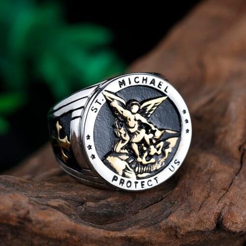 Stainless Steel St-Michael Men Rings Good Lucky Talisman Religious Aesthetic Biker Ring for Men Boy Fashion Anel Party Gift
