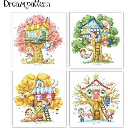 Treehouse of 4 season cross stitch package spring summer 18ct 14ct 11ct cloth cotton thread embroidery DIY handmade needlework