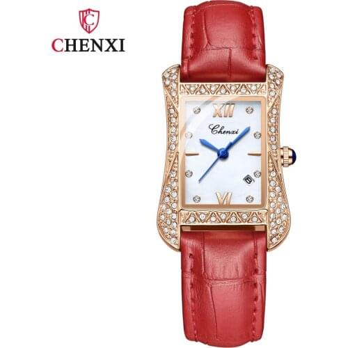 CHENXI New Womens Fashion Watches Luxury Rose Gold Square Diamond Watch Women Genuine Leather Quartz Wristwatch Gifts For Women