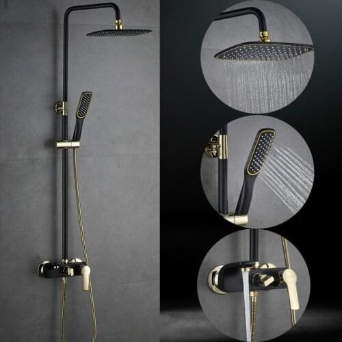 New black + gold plated copper bath shower faucet bathroom shower faucet shower set mixer adjust height