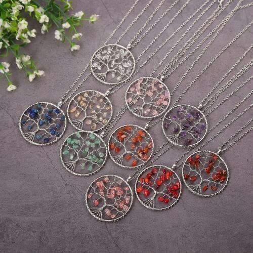 Natural Crystal Stone Big Pendant Reiki Chakra Tree of Life DIY Wire Wrapped Pendulum Pendant Necklace for Women Girls Jewelry