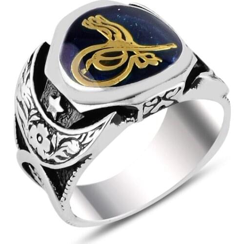 Silverlina Silver Blue Cabochons Tuğra & Moon Star Ring