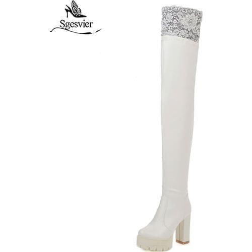 Sgesvier 2020 Lace PU leather Over The Knee Boots Round Toe Platform Square Heel Women Shoes Autumn Winter Long Boots G740