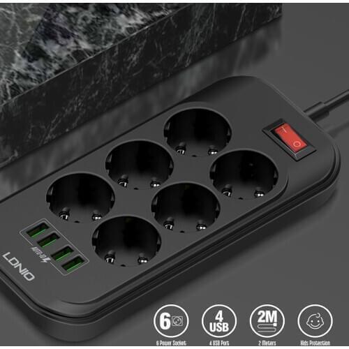 EU Plug Electronic Power Strip Fast Charging 3 USB + 6 Outlets for Mobile Phones 2500W 250V 2M Extension cable Network filter