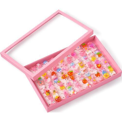 100pcs/box Cute Rings Childrens Day Jewelry Plastic Kids Rings for Girls Animal Fruit Style Resin Cabochons Mixed Color 14mm