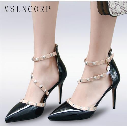 Size 34-47 Fashion women pumps fashion new design rivets women sandals high heels summer Sexy Pointed Toe Party Wedding shoes