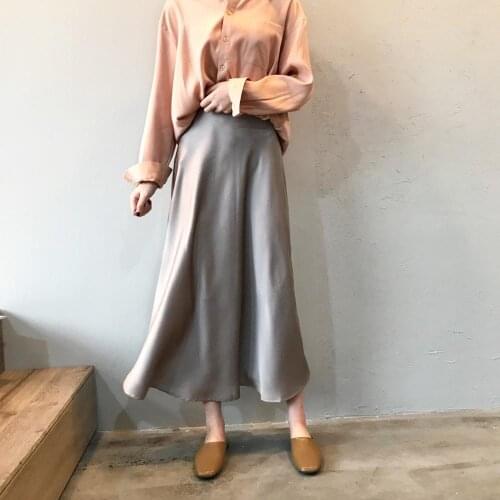 2020 Women Summer Long Skirts Vintage A-line Ankle-Length Empire Black/Champagne Color Lady Satin Skirt