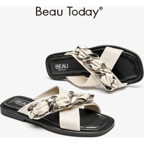 BeauToday Casual Slippers Women Cow Leather Cross Band Metal Chain Cross Band Summer Beach Ladies Flat Shoes Handmade 36230