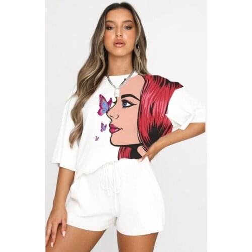 Drawstring Shorts Sets Women O Neck T Shirt Tops Pant Suits Fashion Cartoon Print Loose Casual Withe Two Piece Set Women Outfits
