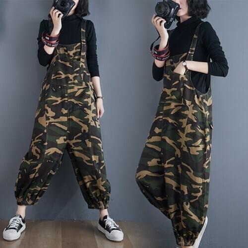 2020 Korean Edition Loose Age Reduction Camouflage Print Wash Overalls Students Street Hip-hop Knickers Women