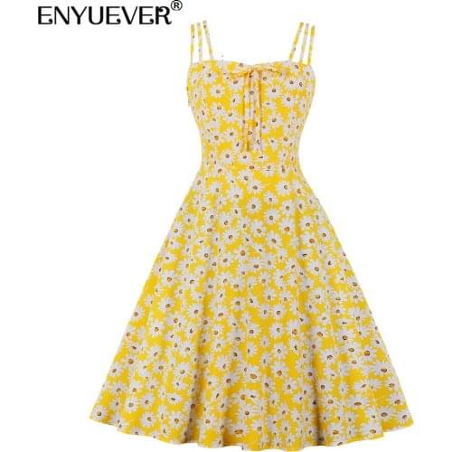 Enyuever Yellow Floral Print Summer Dresses Casual Women Clothing Spaghetti Strap Bowknot Robe Pin Up Swing Retro Vintage Dress