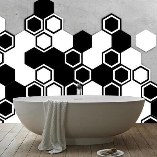 10pcs/set 3D Hexagon Black White Bathroom Wall Stickers Tile Floor Sticker Waterproof Anti-Slip Art Decal Home Decor 20x23cm