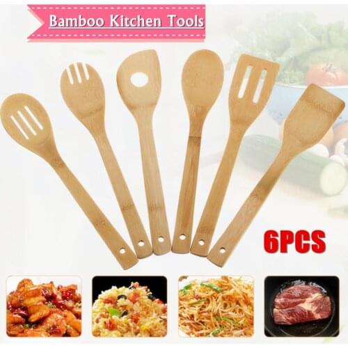 6Pcs Wooden Spoon Utensil Set Kitchen Cooking Bamboo Tools Wood Spatula Kit