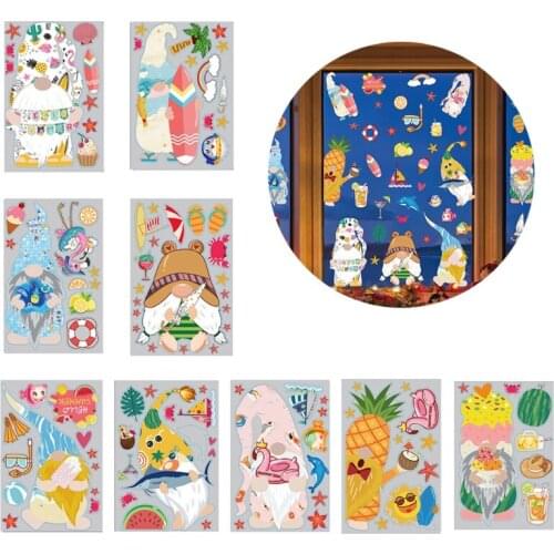 9 Sheets Hawaii Festival Gnome Dwarf Static Stickers Door Wall Window Clings Decals for Home Office Summer Party Decoration