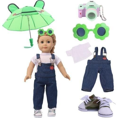 FreeShipping Doll Clothes 5Set=Umbrella+Jeans Suits+Shoes+Camera+Glasses For 18 Inch American&43CM Reborn New Born Baby OG Doll