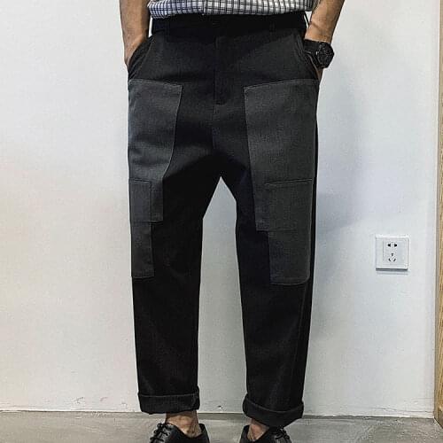 2021 Spring New Men Patch Casual Pants Black Grey Ankle Length Straight Cargo Pants Chic Street Europe Middle Waist Trousers