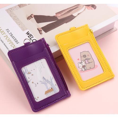 1PC Faux Leather Card Case Fashionable ID Badge Card Holder Business Card Case Cover with Neck Lanyard Zipper Bag