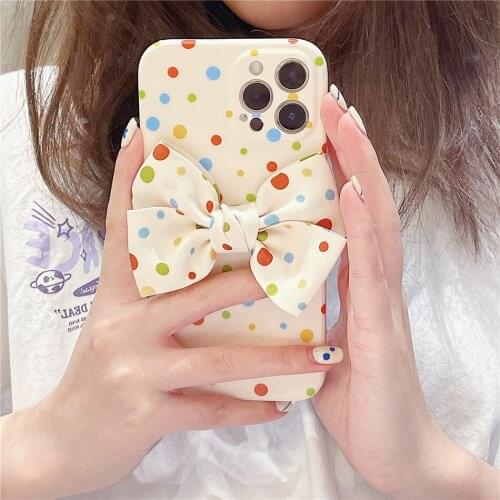 Luxury Wave Point Polka Dots Silk Bow Phone Case for iPhone 12 11 Pro XS Max XR X 7 8 Plus Soft Silicon Cute Girly Cover Coques