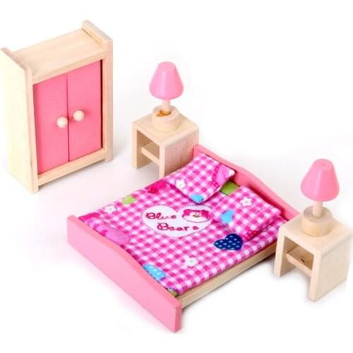 1:12 Scale Wooden Dollhouse Furniture Bedroom Bed Pillow Wardrobe Bedside Set Pink House Dolls Accs Kids Pretend Play Toys