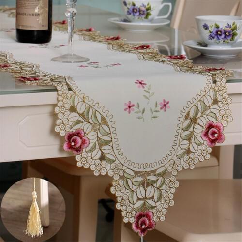 European Pastoral Style Embroidery Pink Floral Table Runner Polyester Rural Table Decorative Cloth With Tassel Cabinet Cover