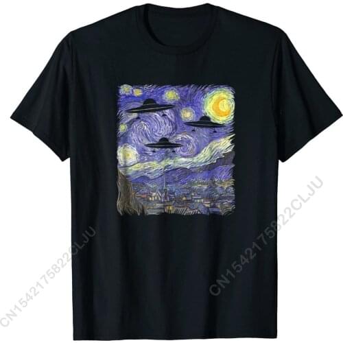 UFO Alien Abduction Starry Night Van Gogh Painting Tee Shirt Casual Tees For Men Cotton Tshirts Custom Newest